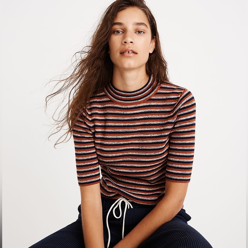 Madewell Dalston Mockneck Sweater in Orange & Blue Stripe. Size XS